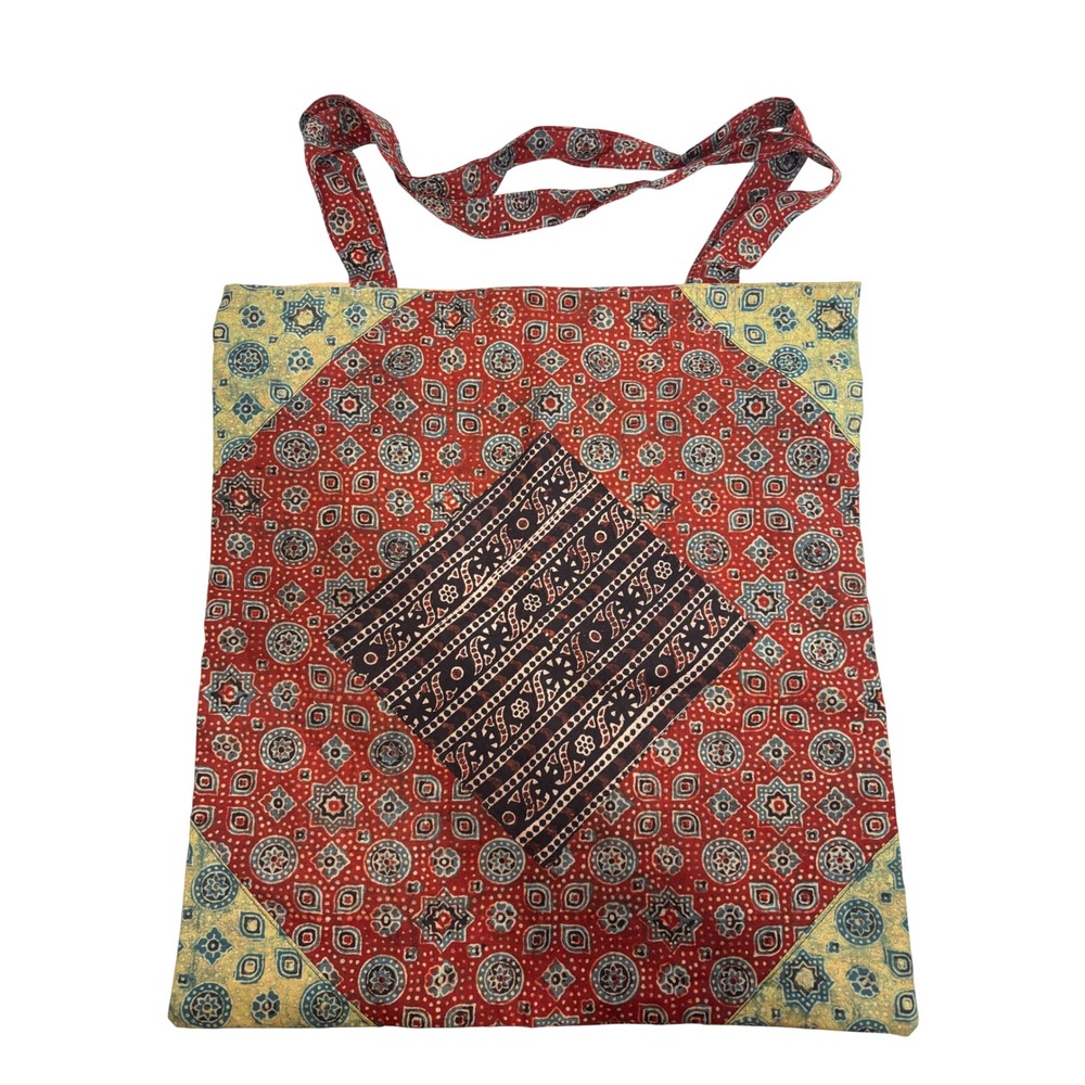 Momentum Fair Trade Block Print Cotton Tote Bag Red Blue Geometric Handcrafted
